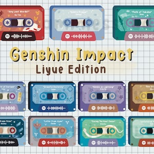 May include: A set of 10 cassette tapes with colourful designs and text. The tapes are labelled with titles from the video game Genshin Impact, including "Any Last Words?", "Queen's Prayer", "Path of Yaksha", "Preserver of Fortune", "Graceful Deteriority", "Rumble of Lightning", "Rex Incognito", "The Crane Cries", "Letter From Ajas", "Curing the Rest Coast", and "Unflinching is the Wind".