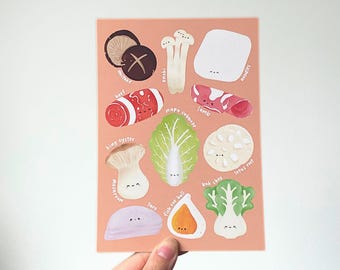 Hotpot Ingredients Art Print 5x7 | Digital Illustration | Cute Illustration | Kawaii Prints | Cute Art Print | Food Art Print | Wall Decor