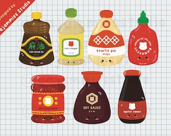 Autocollant en vinyle pour condiments et sauces asiatiques | Feuille d'autocollants | Autocollants mignons | Autocollants kawaii | Découpe en vinyle résistant aux intempéries | Stickers agenda