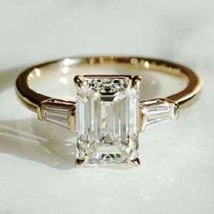 2.50 Emerald Cut Three Stone Ring Colorless Moissanite Engagement Ring Side Tapered Baguette Cut Wedding Ring Gift For Her