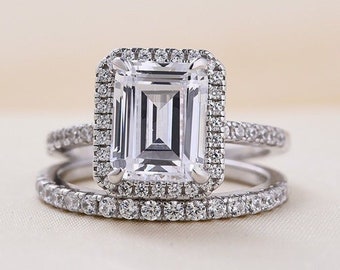 4 CT Emerald Cut Moissanite Engagement Ring Set Unique Bridal Ring Set Emerald Pave Diamond Anniversary Ring Promise Wedding Ring Set