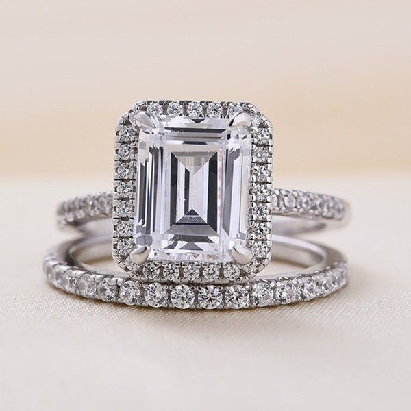 4 CT Emerald Cut Moissanite Engagement Ring Set Unique Bridal Ring Set Emerald Pave Diamond Anniversary Ring Promise Wedding Ring Set