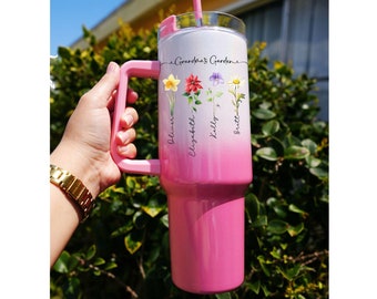 Custom Birth Flower 40oz Tumbler with Handle & Straw, Personalized Travel Cup, Birthday Gift for Mom, Grandma, Mothers Day Gift, Christmas