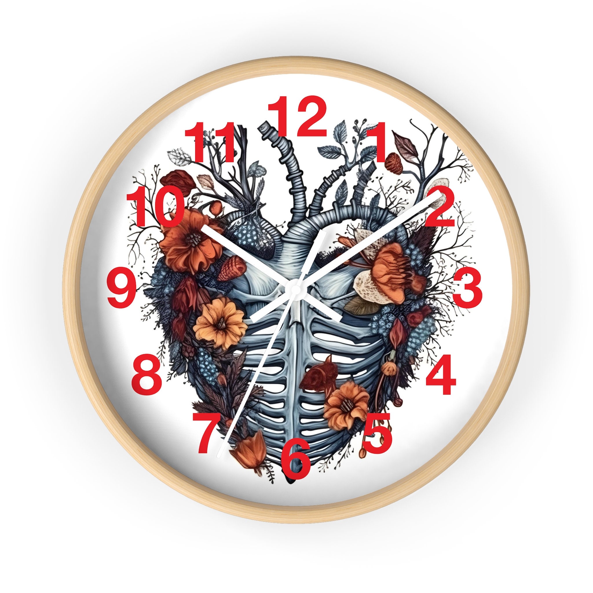 Halloween Skeleton and Wild flowers Heart Shape Wall Clock
