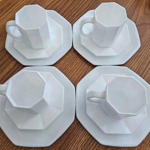 Lot of Vintage Arcoroc Novoctime/France 4 Each of White Octagon Salad Plates, Saucers and Coffee Cups