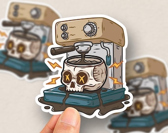 Fueled by Coffee - Coffee Lover Skull Sticker, Espresso Machine Skeleton Decal (kiss-cut)