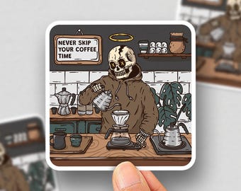 Never skip your coffee time, funny skeleton barista art sticker, coffee lovers Sticker