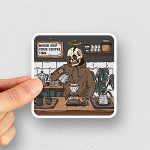 Never Skip Your Coffee Time. Coffee Lovers Sticker. Funny Skull Stickers for Laptops & Water Bottles. Kiss-Cut Stickers