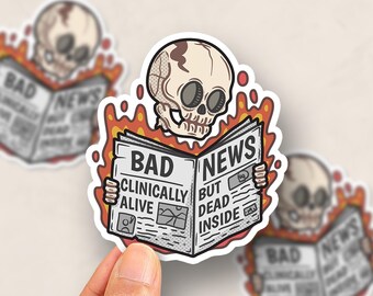 Divertente adesivo con teschio e umorismo nero – Adesivo "Clinicalmente vivo morto dentro", decalcomania sarcastica per laptop in burnout
