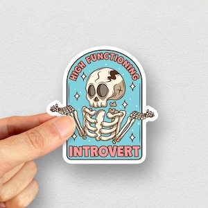 Könnte beinhalten: Ein Aufkleber mit einem Cartoon-Skelett in einem blauen und rosa Rahmen. Der Text auf dem Aufkleber lautet "High Functioning Introvert".