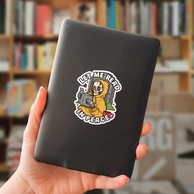 Book Lover Skeleton Sticker, Let Me Read in Peace skull sticker, Gothic Bookworm Gift image 3