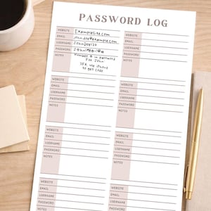 May include: A Password Log sheet titled "PASSWORD LOG" with sections for website, email, username, password, and notes. Some fields are filled with example data. A cup of coffee, pen, and small plant are also visible.