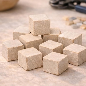 May include: A collection of eleven beige stone cubes, each with a square shape and a textured surface. The cubes are arranged in a slightly haphazard pile, with some stacked on top of others. The overall effect is natural and rustic.