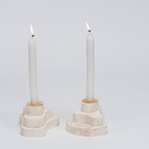 Shabbat Candlesticks made from Jerusalem stone, Gems of jerusalem holy products, 3 floors candlesticks, golden inserts, Judaica art image 2