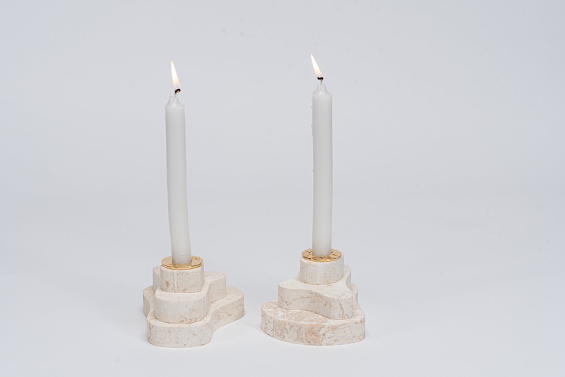 Shabbat Candlesticks made from Jerusalem stone, Gems of jerusalem holy products, 3 floors candlesticks, golden inserts, Judaica art image 2