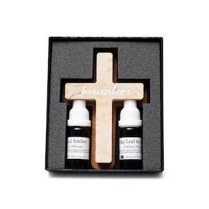 Christelijk kruis van authentieke Jeruzalemsteen, diffuser met heilige geuren voor gebed en ceremonies