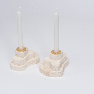 Shabbat Candlesticks made from Jerusalem stone, Gems of jerusalem holy products, 3 floors candlesticks, golden inserts, Judaica art image 4