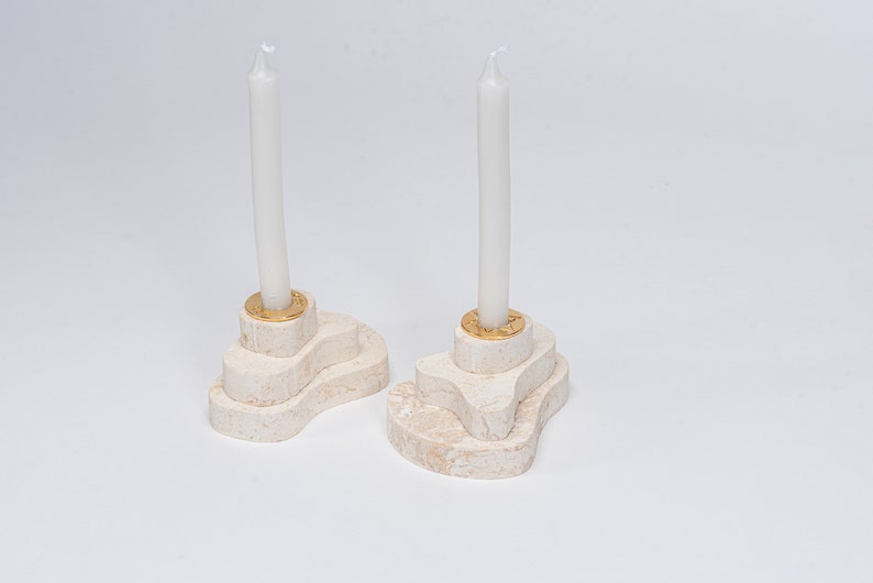 Shabbat Candlesticks made from Jerusalem stone, Gems of jerusalem holy products, 3 floors candlesticks, golden inserts, Judaica art image 4