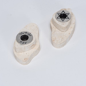 Shabbat Candlesticks made from Jerusalem stone, Silver inserts, Judaica art