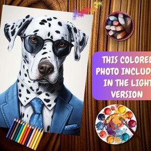 Op de afbeelding: Een Dalmatische hond die een blauw pak en een blauw-witte gestreepte stropdas draagt. De hond draagt een zonnebril en heeft een serieuze uitdrukking op zijn gezicht.