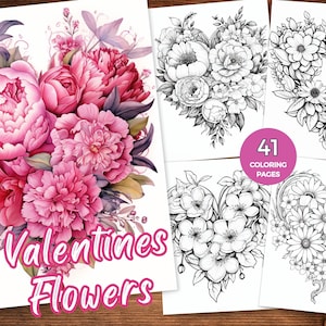K&ouml;nnte beinhalten: Ein Set mit 41 Malvorlagen, die Blumenarrangements in Herzform zeigen. Die Seiten sind schwarzwei&szlig; und zeigen verschiedene Blumensorten, darunter Pfingstrosen, Rosen und G&auml;nsebl&uuml;mchen. Der Text "Valentines Flowers" ist auf der Titelseite gedruckt.