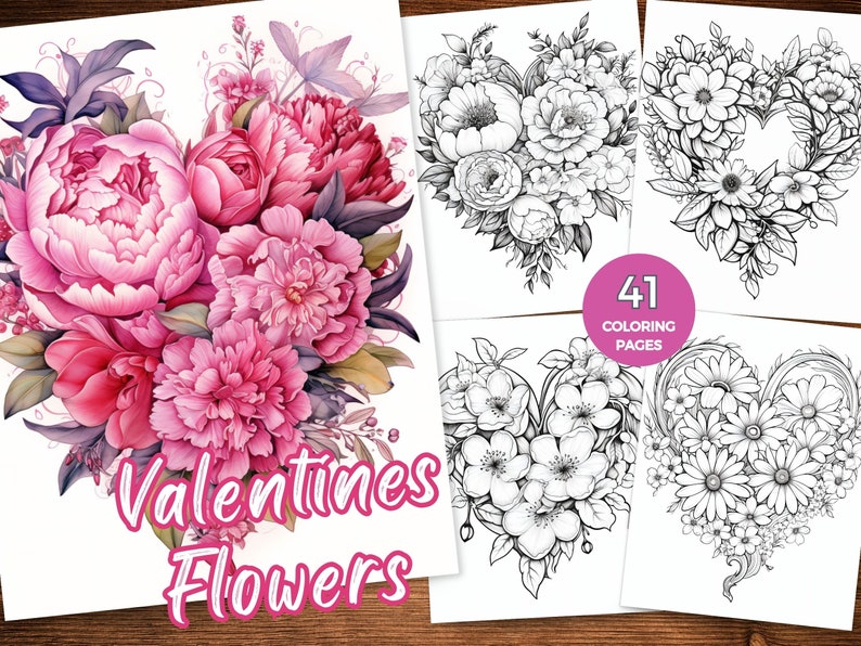 K&ouml;nnte beinhalten: Ein Set mit 41 Malvorlagen, die Blumenarrangements in Herzform zeigen. Die Seiten sind schwarzwei&szlig; und zeigen verschiedene Blumensorten, darunter Pfingstrosen, Rosen und G&auml;nsebl&uuml;mchen. Der Text "Valentines Flowers" ist auf der Titelseite gedruckt.