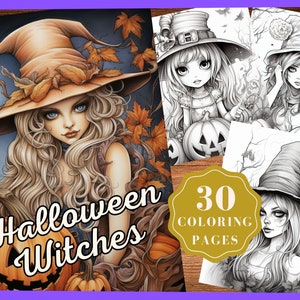 Halloween Witch Coloring Pages, Fantasy Coloring Pages, Kids and Adults, Digital Download, Printable PDF, Instant Download, Grayscale Color