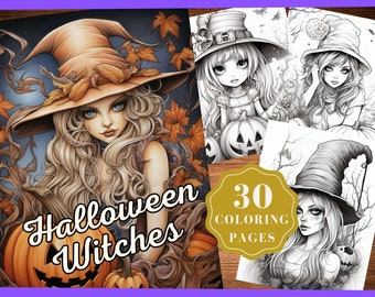 Könnte beinhalten: Ein Malbuch mit 30 Seiten mit Halloween-Hexen. Das Cover zeigt eine Hexe mit langen blonden Haaren, die einen braunen Hexenhut mit Herbstblättern trägt. Sie hält einen großen orangefarbenen Kürbis mit einem Kürbisgesicht.