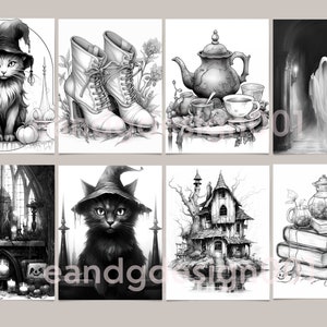 May include: A set of eight black and white illustrations with a Halloween theme. The illustrations include a cat wearing a witch's hat, a pair of boots, a teapot and teacups, a ghost, a fireplace with candles, a cat wearing a witch's hat, a house with a tree, and a stack of books with a teapot.