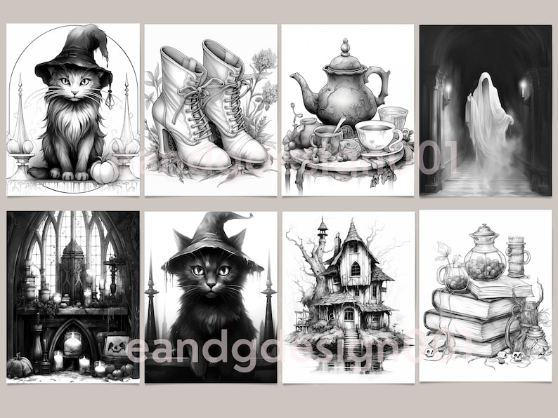 May include: A set of eight black and white illustrations with a Halloween theme. The illustrations include a cat wearing a witch's hat, a pair of boots, a teapot and teacups, a ghost, a fireplace with candles, a cat wearing a witch's hat, a house with a tree, and a stack of books with a teapot.