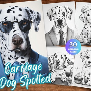 Op de afbeelding: Een set van 30 kleurplaten met een Dalmati&euml;r in verschillende poses en outfits. De hond draagt een zonnebril, een pak, een koksmuts en een casual outfit. De platen zijn perfect voor volwassenen en kinderen die graag kleuren.