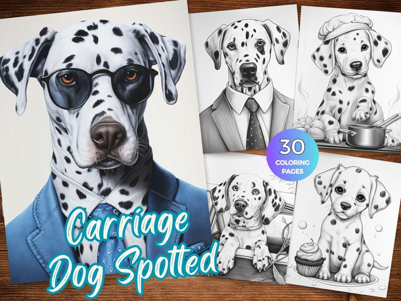Op de afbeelding: Een set van 30 kleurplaten met een Dalmati&euml;r in verschillende poses en outfits. De hond draagt een zonnebril, een pak, een koksmuts en een casual outfit. De platen zijn perfect voor volwassenen en kinderen die graag kleuren.