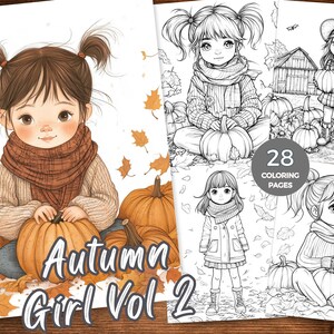 Op de afbeelding: Digitale illustratie van een meisje met bruin haar in staartjes, met een sjaal en trui, een pompoen vasthoudend. De afbeelding heet "Autumn Girl Vol 2" en bevat 28 kleurplaten met herfstthema's.