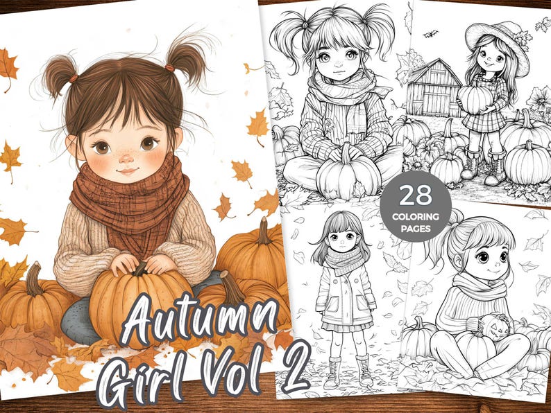 Op de afbeelding: Digitale illustratie van een meisje met bruin haar in staartjes, met een sjaal en trui, een pompoen vasthoudend. De afbeelding heet "Autumn Girl Vol 2" en bevat 28 kleurplaten met herfstthema's.