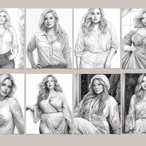 May include: A collection of eight black and white illustrations of women in various poses and clothing styles. The women are all drawn in a realistic style with detailed features and clothing.