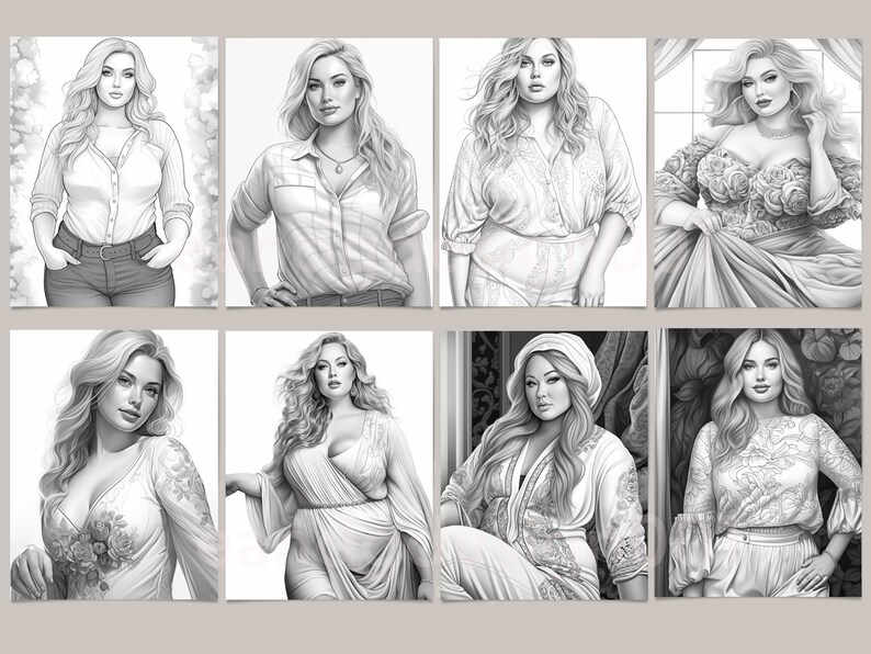 May include: A collection of eight black and white illustrations of women in various poses and clothing styles. The women are all drawn in a realistic style with detailed features and clothing.
