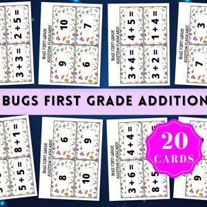 May include: Twenty colorful flashcards with addition problems for first grade students. Each card features a bug theme with numbers and addition equations. The cards are labeled "Bugs First Grade Addition Flashcards".
