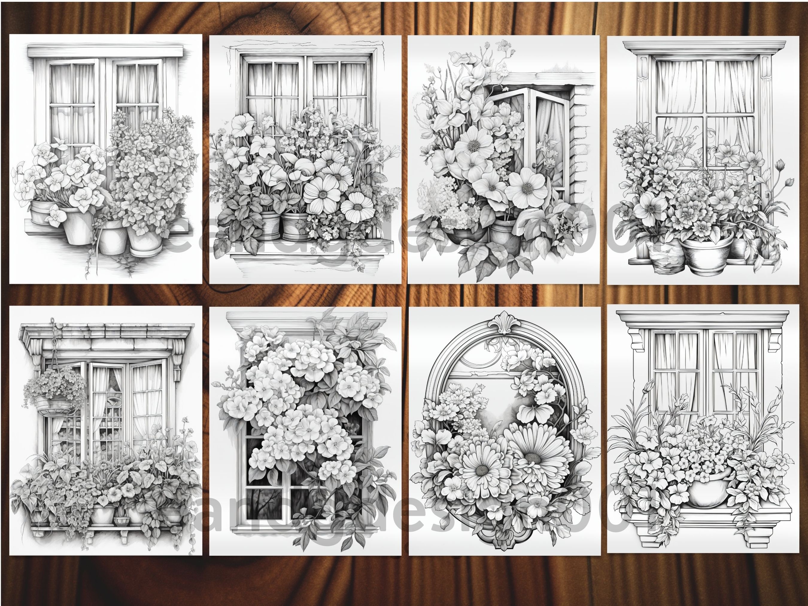 Blooming Windows Coloring Pages for Adults Floral Window Coloring ...