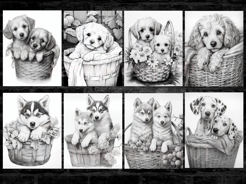 May include: A set of eight black and white illustrations of puppies in baskets. Each illustration features two puppies of different breeds, including a husky, a dalmatian, and a poodle.