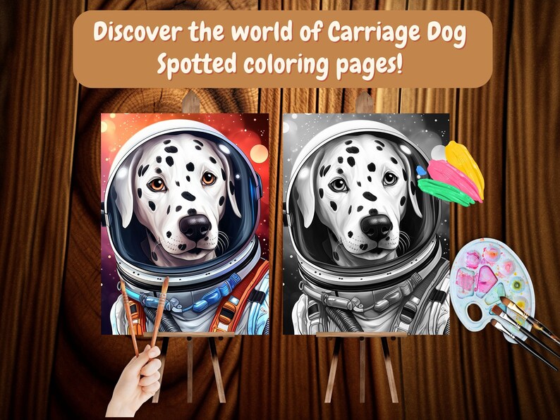 Op de afbeelding: Een schilderen-op-nummer-set met een Dalmati&euml;r die een astronautenhelm draagt. De set bevat een canvas, kwasten en een palet met verschillende kleuren.