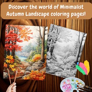 May include: A coloring page featuring a minimalist autumn landscape with a stream, trees, and rocks. The page is partially colored with shades of red, orange, yellow, and green. The uncolored portion of the page is in black and white.