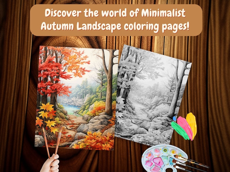 May include: A coloring page featuring a minimalist autumn landscape with a stream, trees, and rocks. The page is partially colored with shades of red, orange, yellow, and green. The uncolored portion of the page is in black and white.