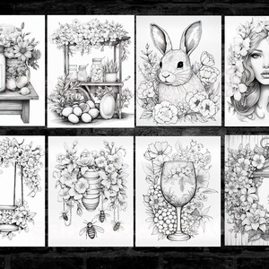 May include: A collection of eight black and white illustrations featuring floral arrangements, a rabbit, a woman with flowers in her hair, a swing, a wine glass, and a lantern. The images are suitable for coloring.