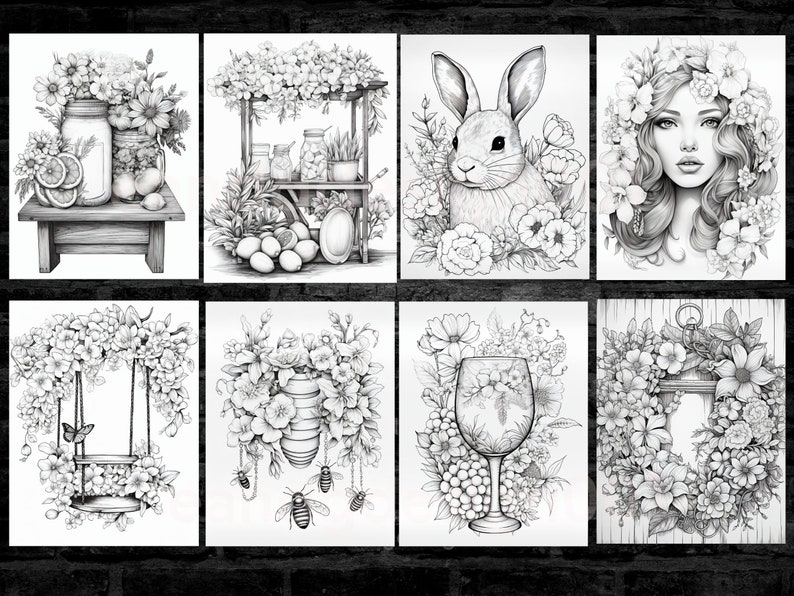 May include: A collection of eight black and white illustrations featuring floral arrangements, a rabbit, a woman with flowers in her hair, a swing, a wine glass, and a lantern. The images are suitable for coloring.