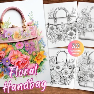Floral Handtaschen Malseiten für Erwachsene Instant Download Vintage Handtaschen Malseiten Modische Handtasche Malvorlagen Graustufen