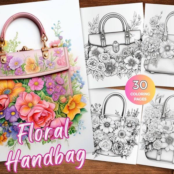 Floral Handbags coloring pages for adults Instant Download Vintage handbags coloring pages Fashionable handbag coloring sheets Grayscale