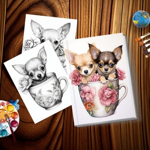 May include: Two chihuahua puppies sit in a teacup with pink flowers. The teacup is white with a floral pattern. The puppies are looking at the camera. The image is in color.