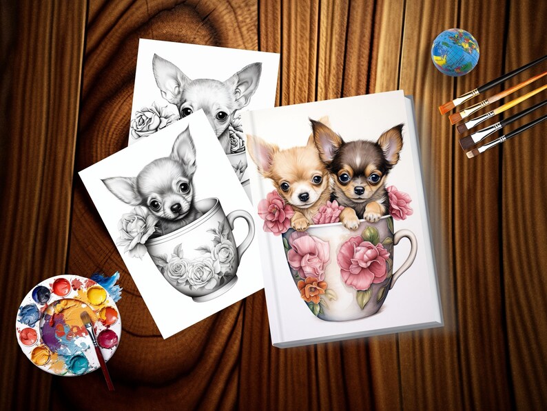 May include: Two chihuahua puppies sit in a teacup with pink flowers. The teacup is white with a floral pattern. The puppies are looking at the camera. The image is in color.