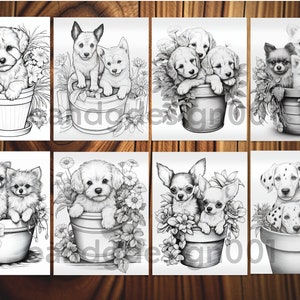 May include: Eight black and white illustrations of puppies in flower pots. Each illustration features a different breed of puppy, including a poodle, chihuahua, and dalmatian.