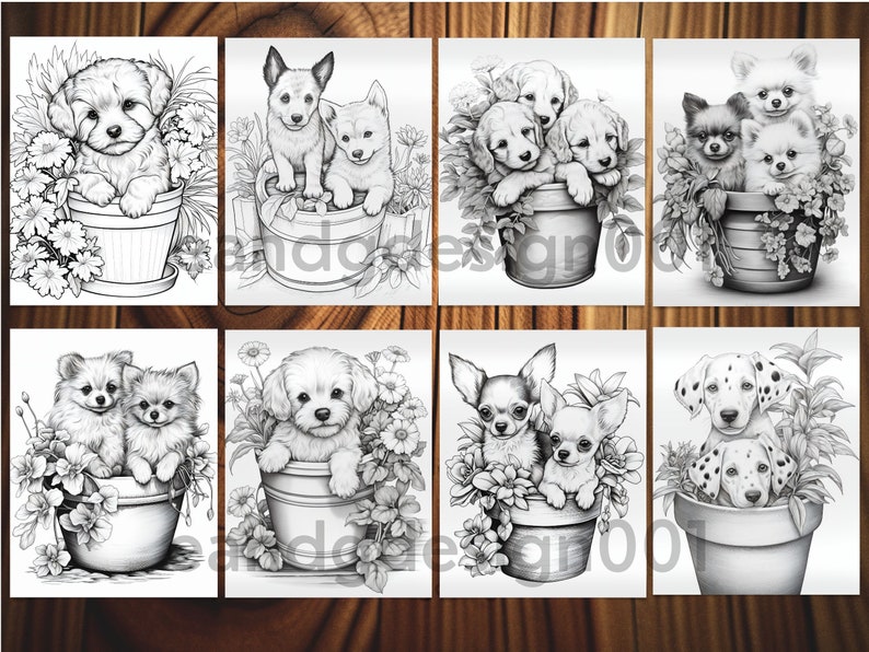 May include: Eight black and white illustrations of puppies in flower pots. Each illustration features a different breed of puppy, including a poodle, chihuahua, and dalmatian.